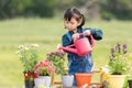 Asian child girl helping mother care plant flower in garden. Kid gardening for education outdoor sunnyÃÂ  nature background